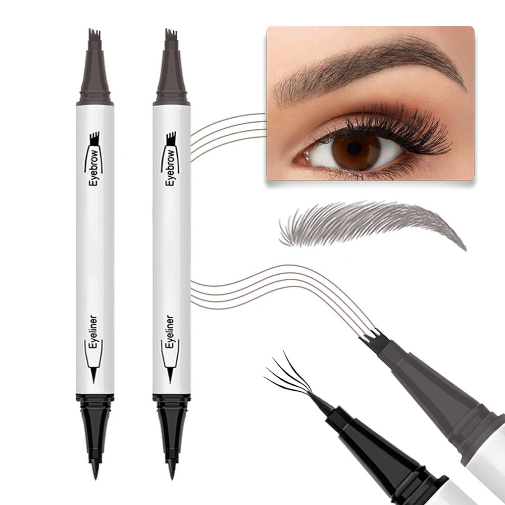 2Pcs Microblading Eyebrow Pen,Magical Precise Waterproof Brow Pen 2-in-1 Dual-Ended Eye Brow Pencil,Eyebrow Contouring Pen with 4-Fork-Tip&Precise Brush-Tip Create Natural Hair-Like Brows,Gray Brown