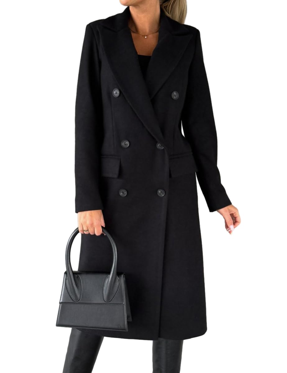 IDEALSANXUN Black Trench Coats for Women Fall Fashion Outfits 2024 Midi Length Double Breasted Wool Coat Peacoat Warm Jacket Ladies Winter Coats, Black, S