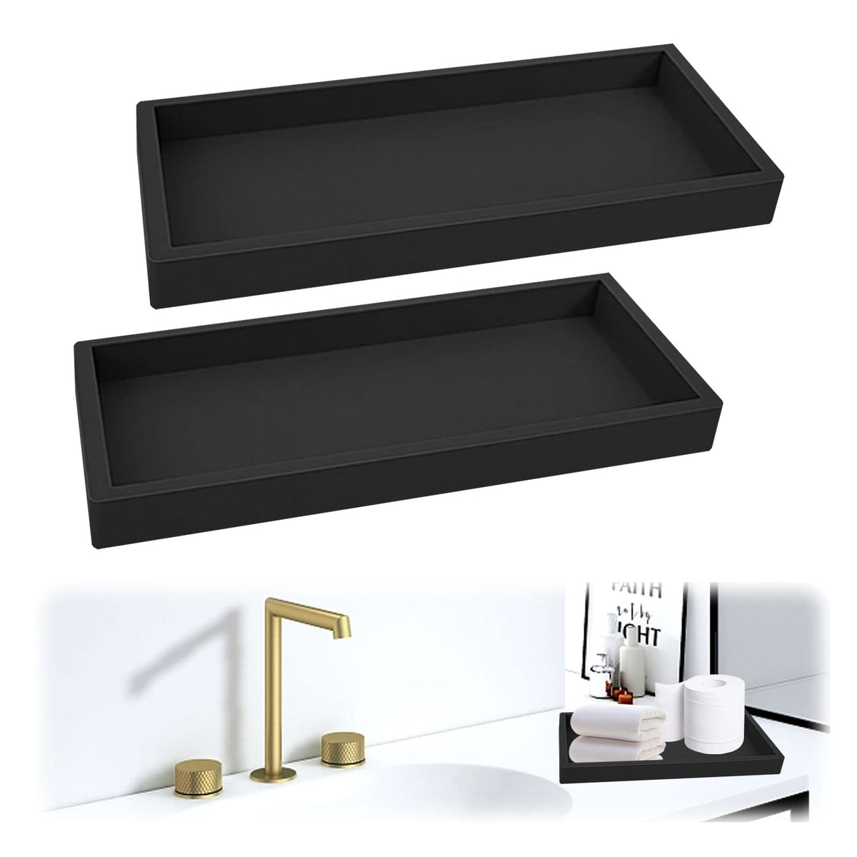 2Pcs Bathroom Tray, Bathroom Tray Organiser Toilet Tank Storage Tray Silicone Vanity Tray Rectangular Plate Tray Countertop Organizer for Counter Decor Dresser Tops (Black, 20 * 10 * 1.8CM)