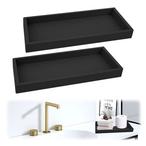 2Pcs Bathroom Tray, Bathroom Tray Organiser Toilet Tank Storage Tray Silicone Vanity Tray Rectangular Plate Tray Countertop Organizer for Counter Decor Dresser Tops (Black, 20 * 10 * 1.8CM)
