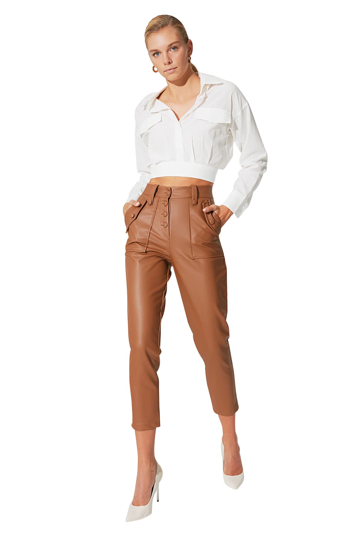 Trendyol Women Design Normal Waist Skinny fit Straight Trousers Camels
