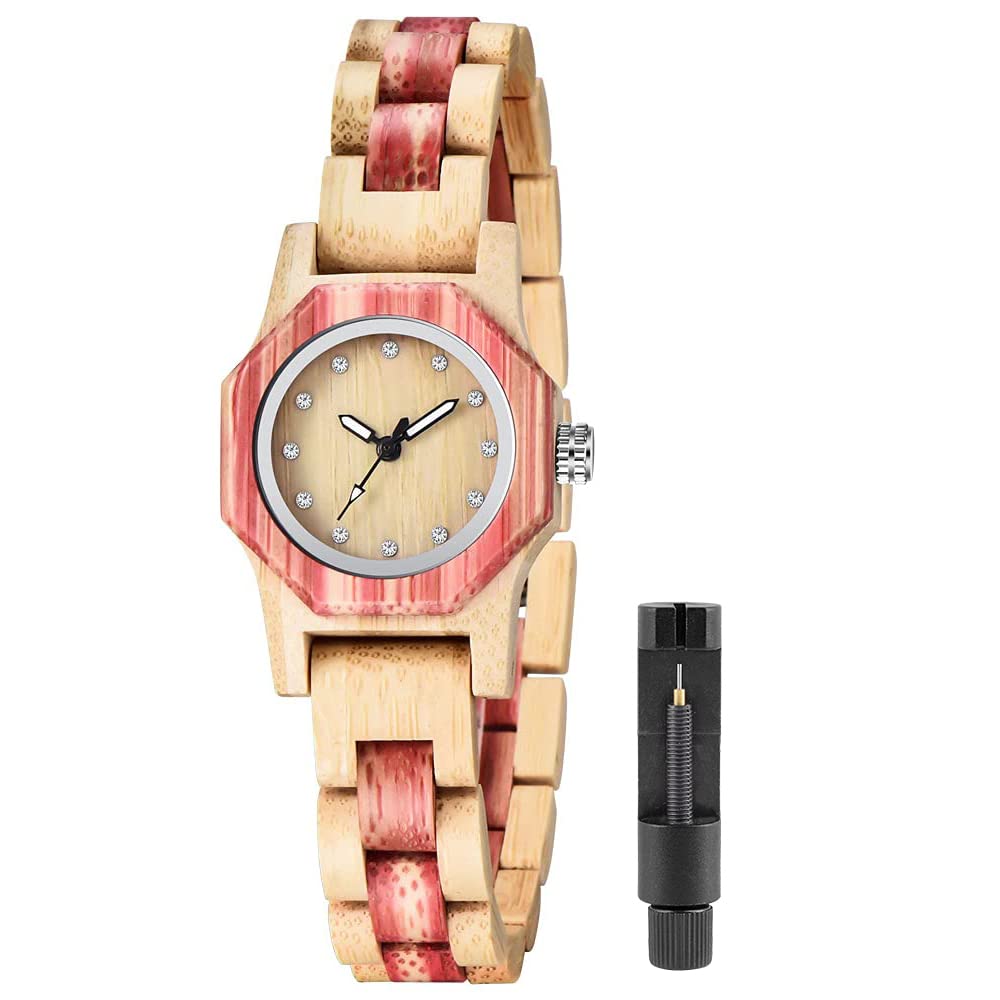 Tiong Full Wood Strap Quartz Analog Women's Wooden Watch, Classic Design Colorful Bamboo Ladies Watch