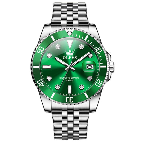 OLEVS Silver Mens Watch Big Dial Green Face Stainless Steel Analog Quartz Men's Wrist Watch Luxury Business Waterproof Dress Watches for Men with Rotating Bezel Luminous Men's Watch