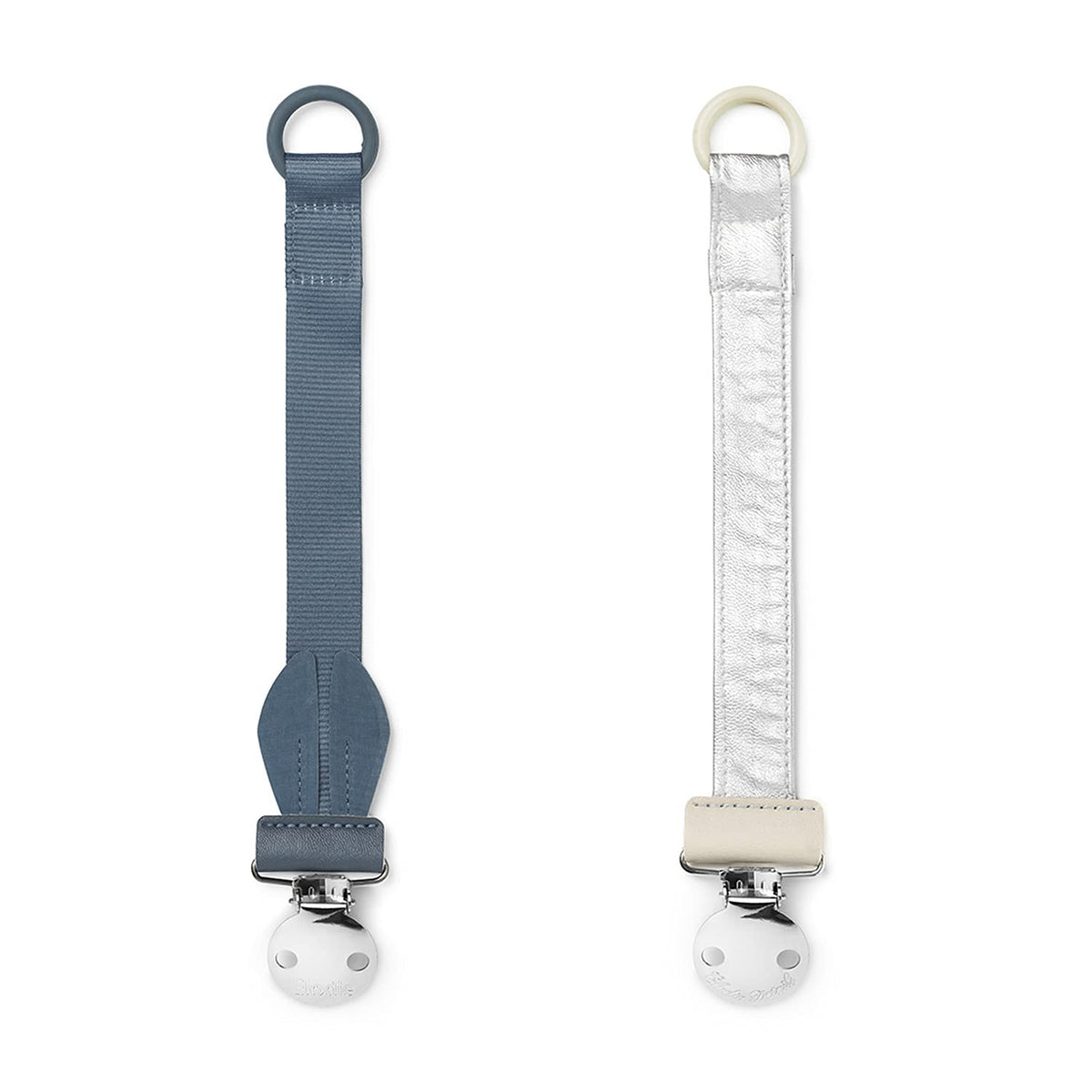 Elodie Details Dummy Chain Pack of 2 Fabric and Stainless Steel Clip for Baby Boy and Girls, Universal Silicone Ring, Suitable for All Dummies - Tender Blue Bunny/Stone Silver