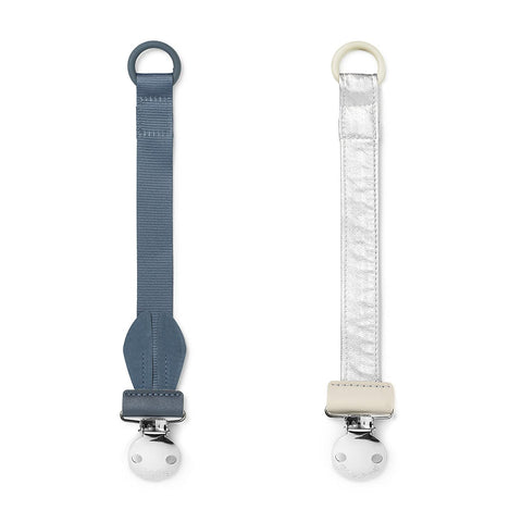 Elodie Details Dummy Chain Pack of 2 Fabric and Stainless Steel Clip for Baby Boy and Girls, Universal Silicone Ring, Suitable for All Dummies - Tender Blue Bunny/Stone Silver