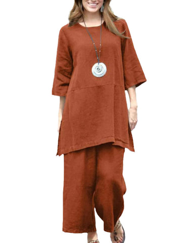 Women's Oversize Cotton Linen Set Solid Color Retro Loose Mid Sleeve Tops & Wideleg Pants Two Piece Set Orange red XXL