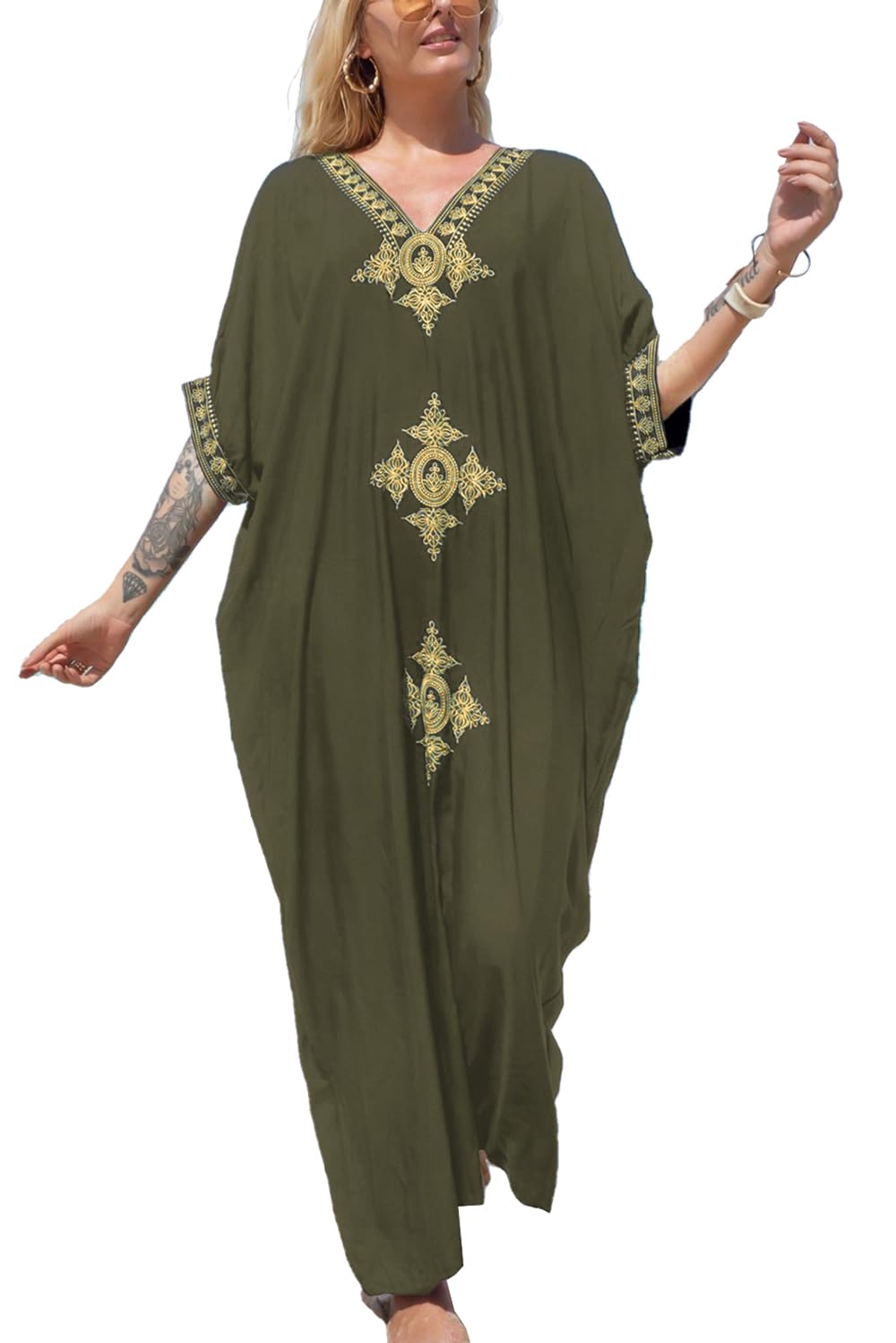 YouKD Wemon's Summer Long Kaftan Maxi Dress Bohemian Swimsuit Beach Cover Up Robes Green