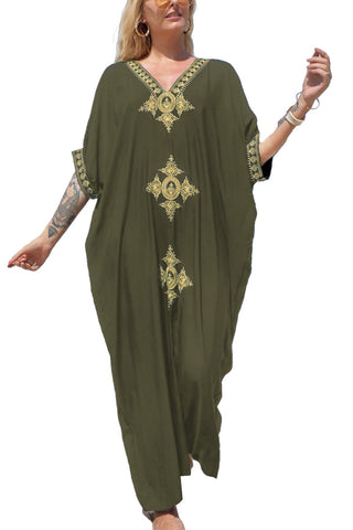 YouKD Wemon's Summer Long Kaftan Maxi Dress Bohemian Swimsuit Beach Cover Up Robes Green