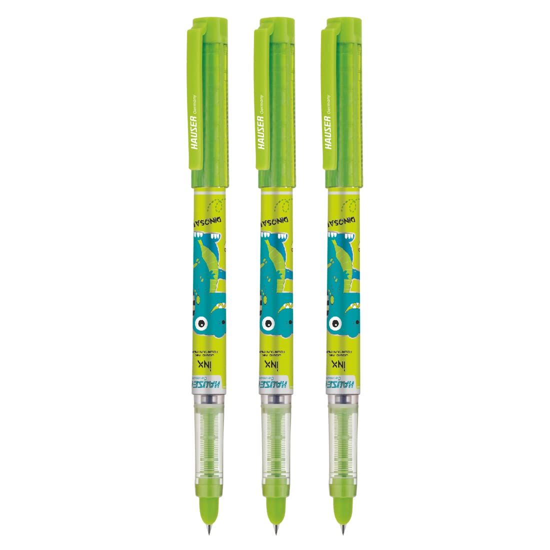 Hauser Inx Dino Liquid Ink Fountain Pen Blister Pack | Cushiones Nib For Break Free Writing | Free 2 Pieces X-Large Jumbo Cartridges | Blue Ink, Pack Of 3