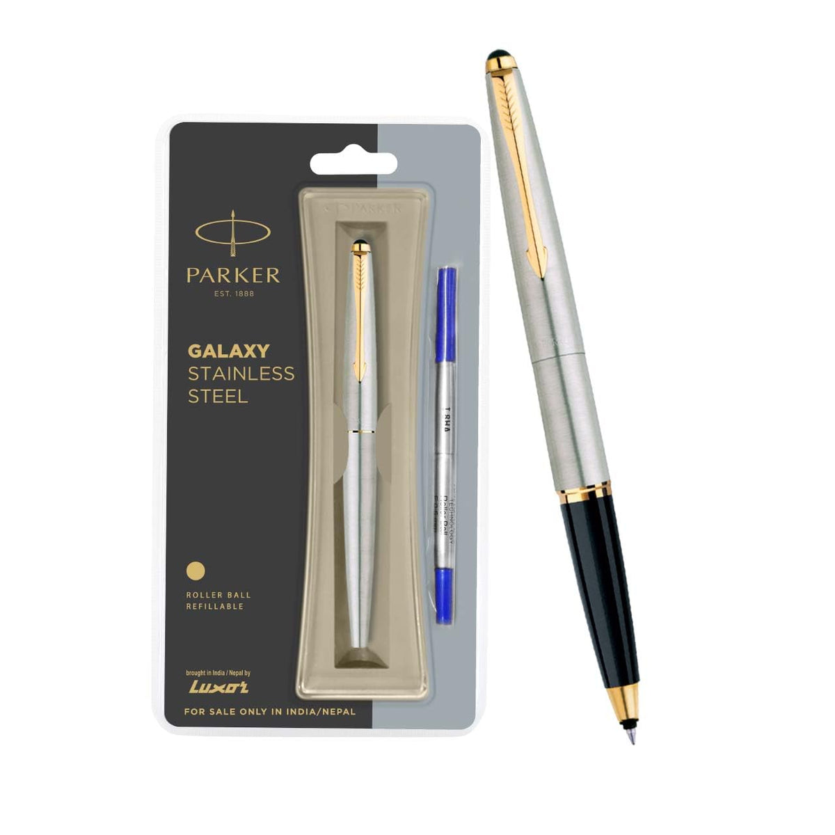 Parker Galaxy Stainless Steel Gold Trim Roller Ball Pen Ballpoint Pen