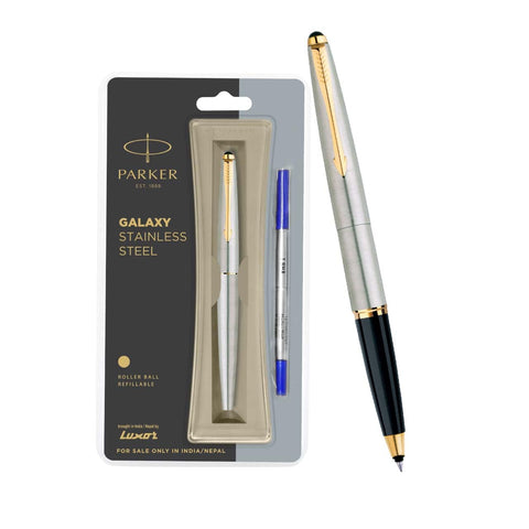 Parker Galaxy Stainless Steel Gold Trim Roller Ball Pen Ballpoint Pen
