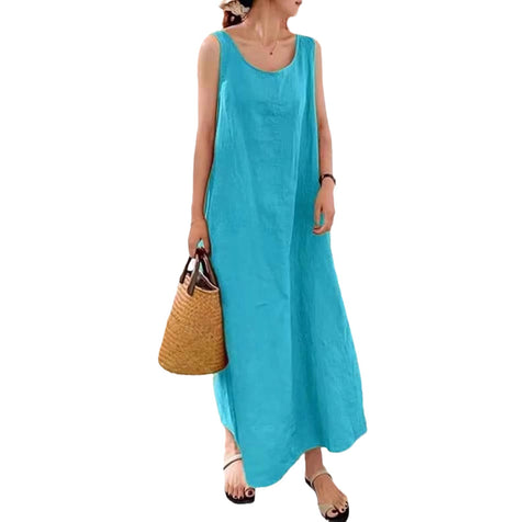 HongyMZXN Women's Solid Color Cotton and Linen Loose Dress Street Simple Temperament Sleeveless Dress Summer Large Size Comfortable Dress with Pockets 5XL Blue