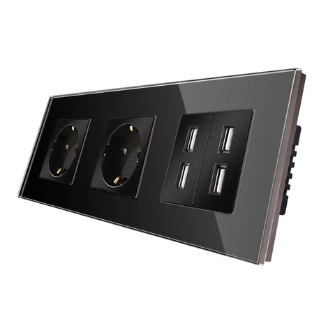 CNBINGO Glass Schuko Socket Flush-Mounted with 4 USB Ports 2.4 Amp, Double Socket Black, Wall Socket Double with Glass Frame