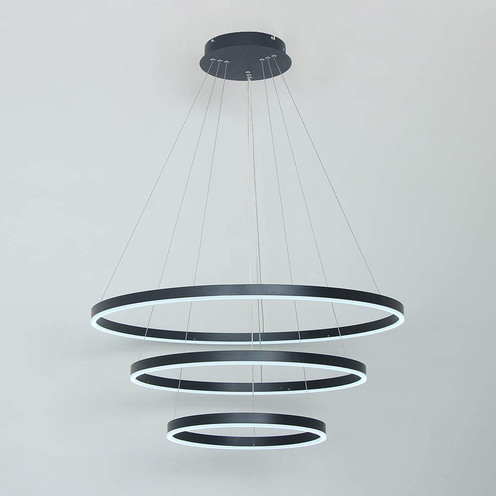AIRUI Circle Chandelier LED,3-Ring Pendant Light Modern Acrylic Adjustable Hanging Lamp Living Room Dining Table Restaurant Ceiling Light,Black+WhiteLight-20+40+60cm