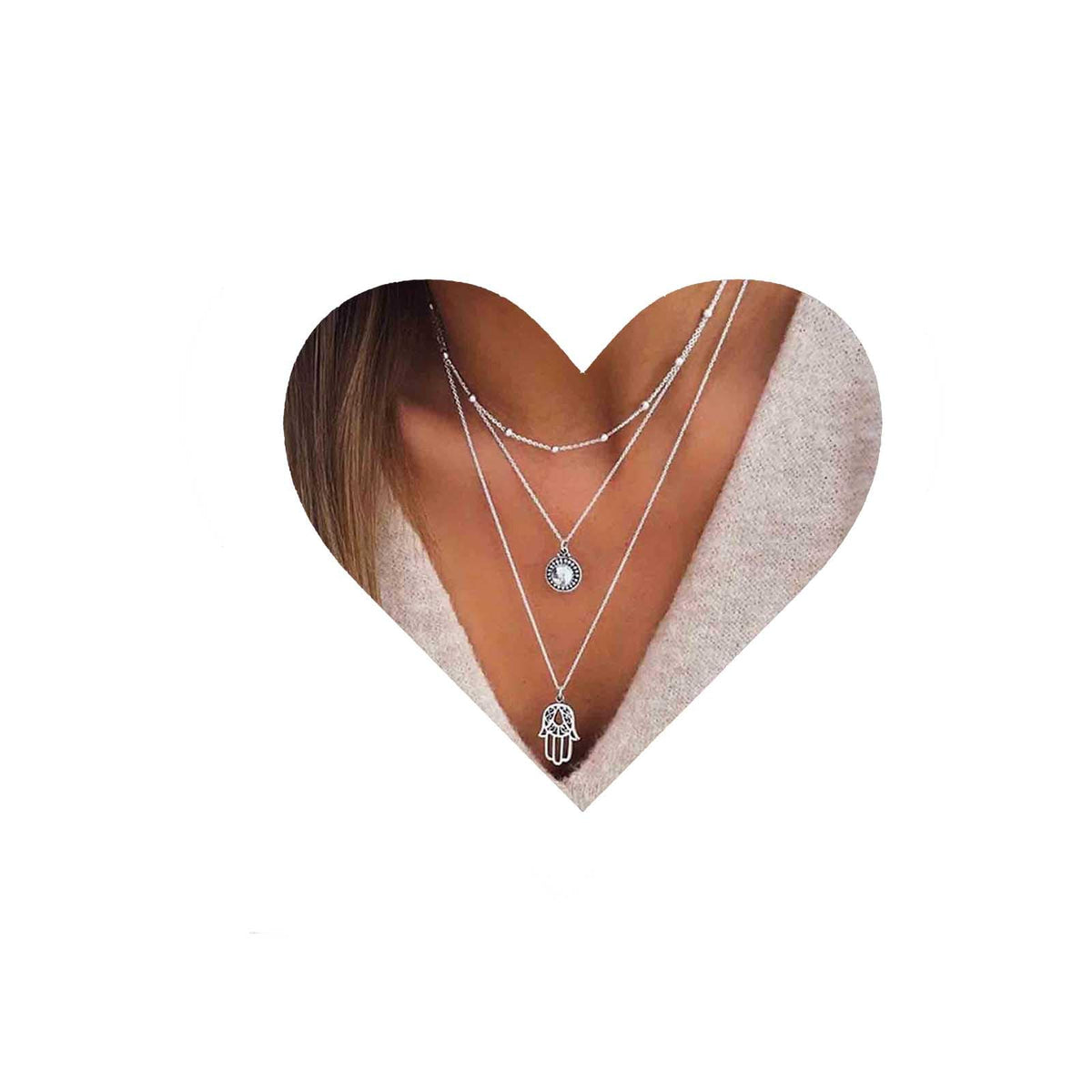 Yheakne Boho Layered Opal Moonstone Necklace Silver Hamsa Pendant Necklace Futian Hand Necklace Chain Opalite Gem Necklace Jewelry for Women and Girls