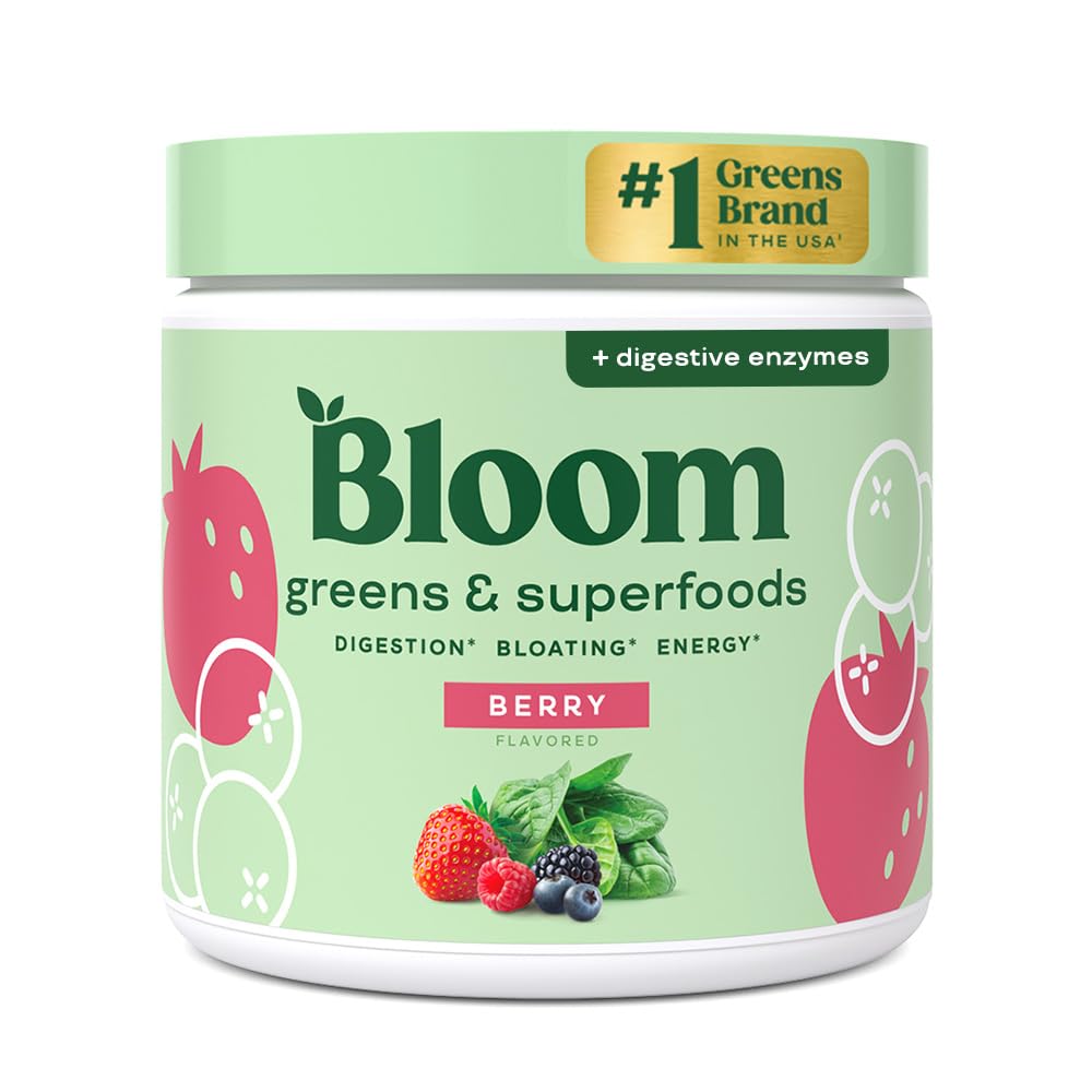 Bloom Nutrition Super Greens Powder Smoothie & Juice Mix - Probiotics for Digestive Gut Health & Bloating Relief for Women, Digestive Enzymes with Superfoods Spirulina & Chlorella (Berry)