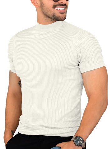 Mens Casual Slim Fit Basic Tops Short Sleeve Shirt Turtleneck T Shirts Rib Knitted Stretch Pullover Sweater