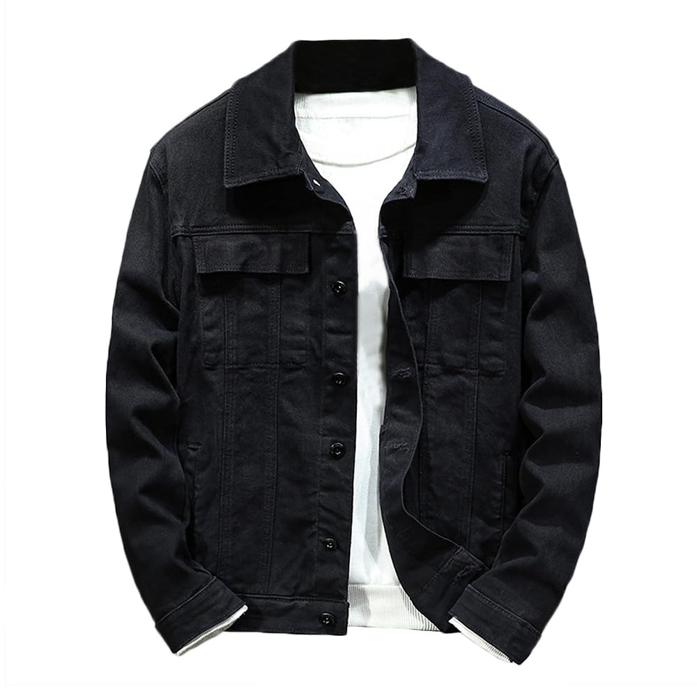 Rexcyril Men's Regular Fit Denim Jacket Casual Button Down Washed Long Sleeve Jean Trucker Jacket, Black, Large