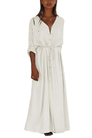 YouKD Bohemian Kimono Long Sleeve Cardigan Beach Swimsuit Cover Up Maxi Dress for Women White