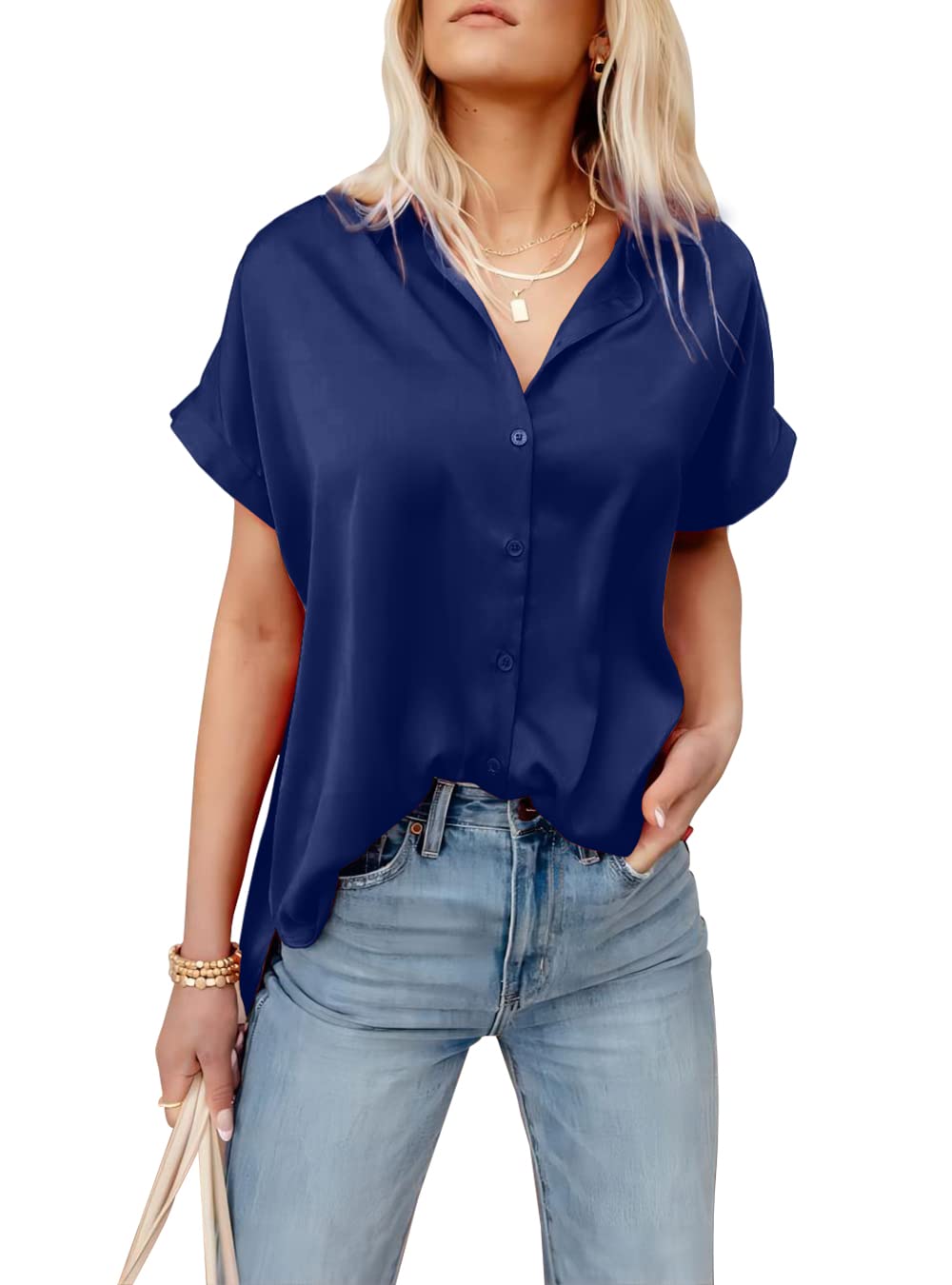 Pausus Silk Button Up Shirt Women Short Sleeve V Neck Collared Button Down Shirt Satin Tops(Navy Blue,S)