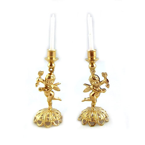 Wonham Dolls House Miniature Accessory Ornament Pair Brass Cherub Candlesticks Candles