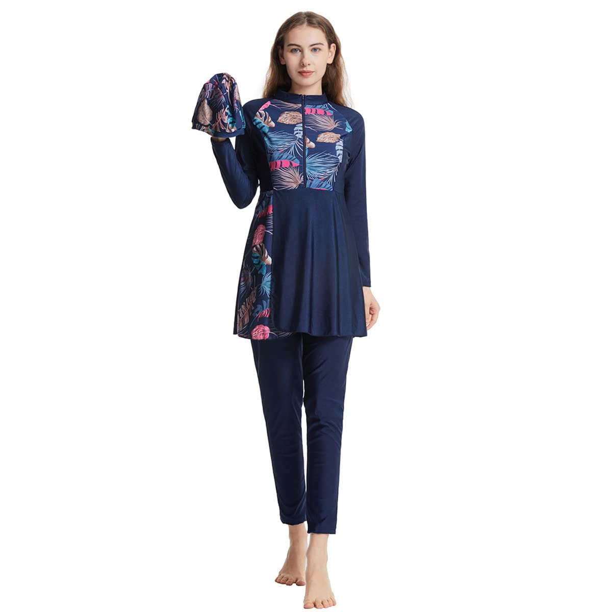 Burkini Swimsuits Women Islamic Muslim Swimsuits Modest Swimsuits Full Body Swimwear Long Sleeve Rash Guard Swimming Tops Pants Hijab 3PCS Sun Protection Surfing Suit Swimming Costume Navy Blue 3XL