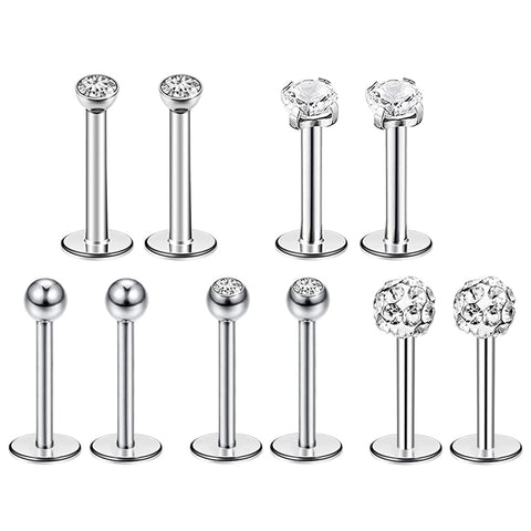 Liuxn No. 16 stainless steel nose studs in 5 styles, tragus, ear studs, pen, crystal ball, nib, 5 pairs