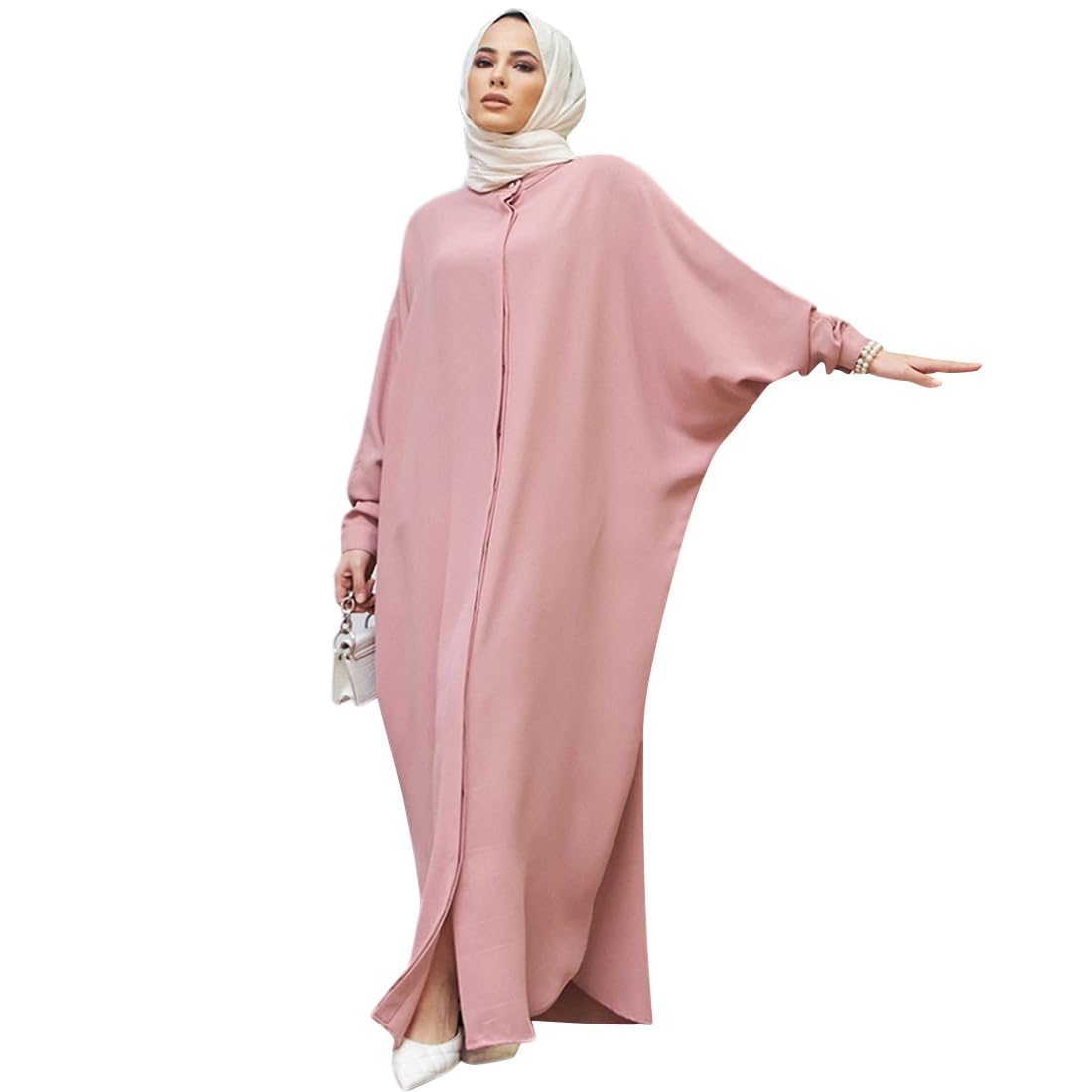 Abaya Dress for Women Abayas Plus Size Long Sleeve Ethnic Shirts Dress for Women Muslim Clothes for Women Eid Ramadan Prayer Outfits Kaftan Dresses Batwing Sleeve Loose Maxi Robe Dress Pink Solid