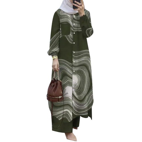 Muslim Women's Long Top Dress Wide Leg Pants Loose Women Modest Islamic Dubai Dress Kaftan Abayas Button Down Shirt Islamic Abaya Casual Prayer Clothes Middle East Outfits Eid Sets Green Print 5XL