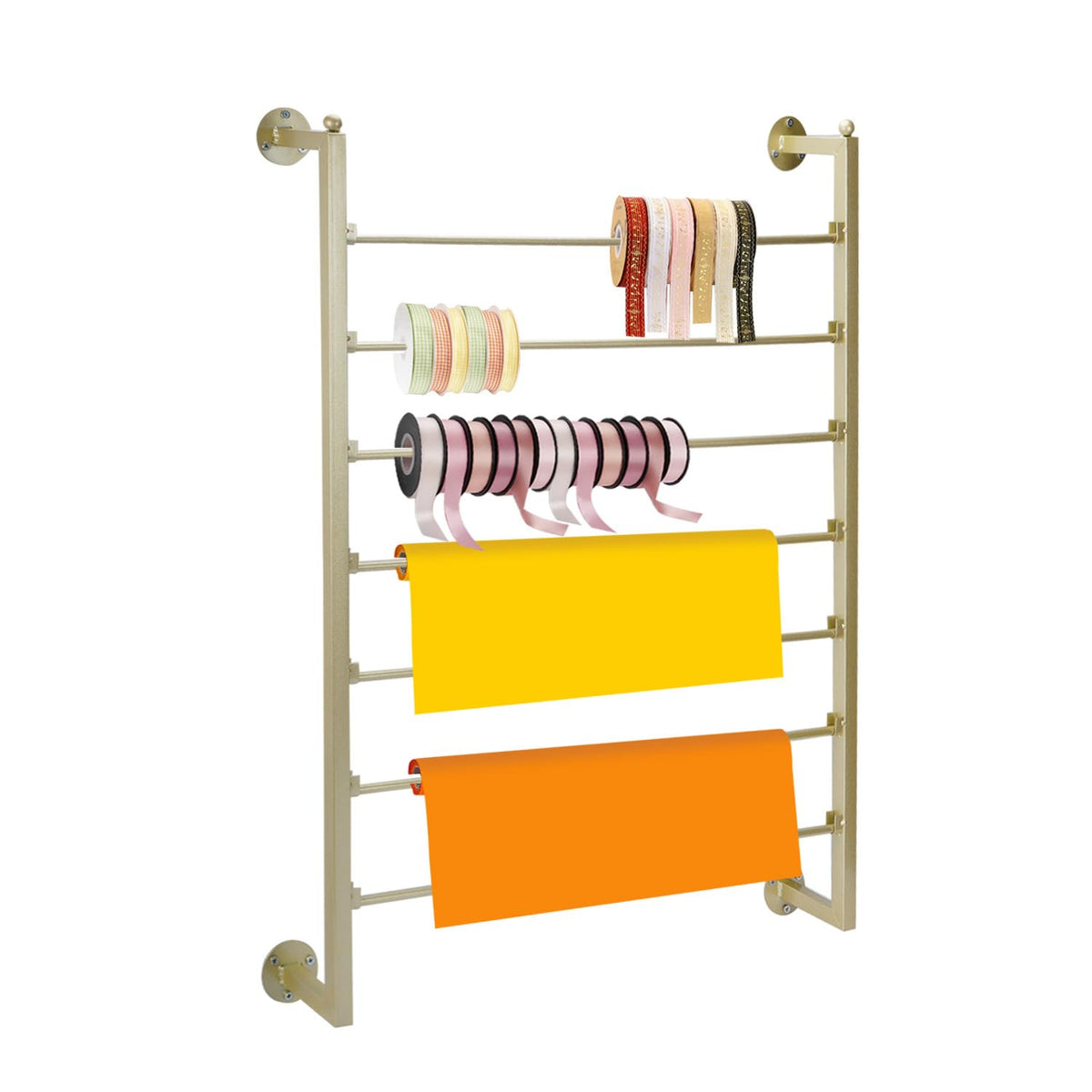 ikare Ribbon Storage Organizer,Wall Mounted Ribbon Organizer,Wrapping Paper Rack,7-Layer Metal Ribbon Storage for Craft Room,Flower Shop,Gift Wrapping Paper,Golden