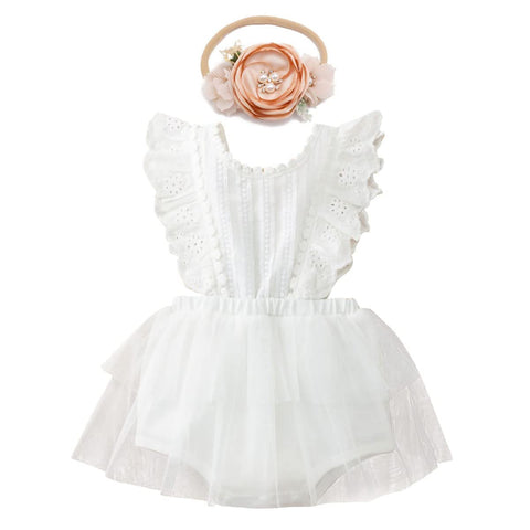 Baby Girls Boho Romper Dress 1st Birthday Cake Smash Outfit Girl Newborn Photography Infant Toddler Easter Dress Summer Jumpsuit Headband Christening Clothes Photoshoot White Floral Lace 12-18 Months