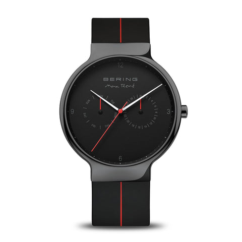 BERING Men Analog Quartz Max René Collection Watch with Silicone Strap and Sapphire Crystal 15542-423, Black/Red, 42