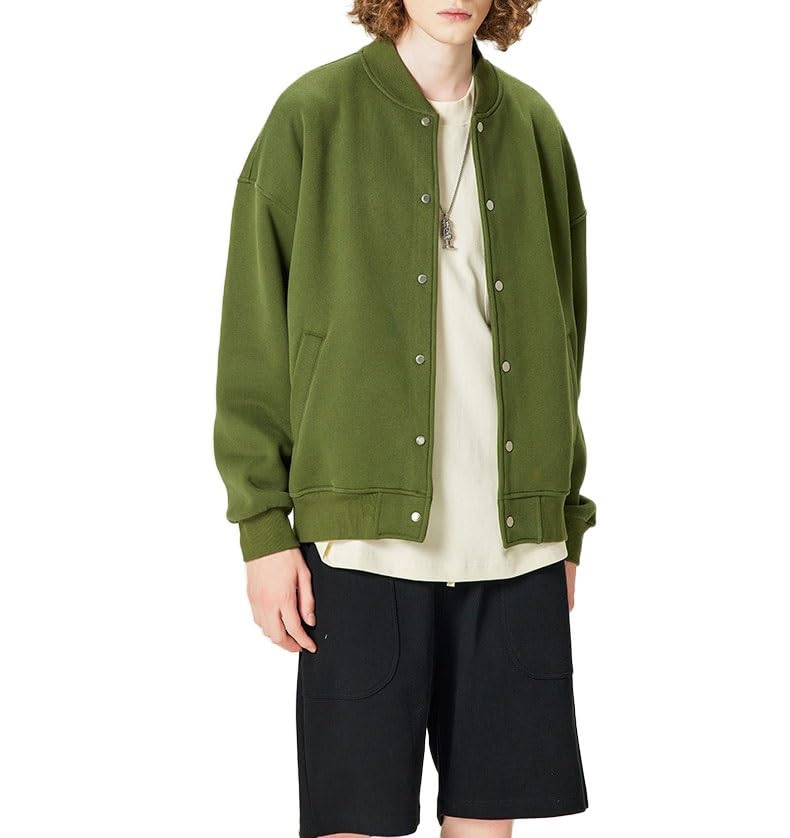 HVDBEYASA Men's Basic College Jacket College Bomber Coat Baseball Bomber Coat Neutral Retro School Uniform Jacket Causal Bomber Jacket with Pockets Button Closure(Army Green,XL)