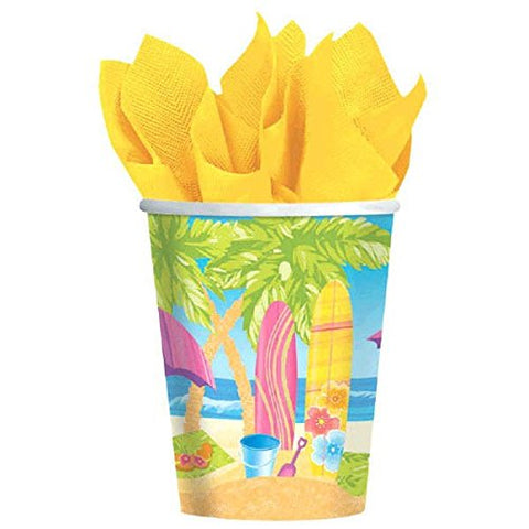 Surf's Up Paper Cups for Hot or Cold Drinks Hawaiian Summer Beach Party Disposable Picnic Drinkware, 9 oz., Pack of 8.