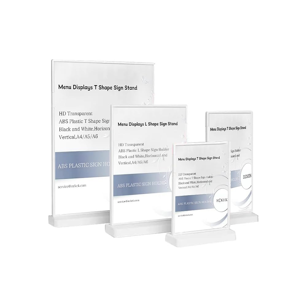 ECKEK ABS Plastic Sign Holder?Menu Displays T Shape Sign Stand (Vertical White A5 148×210mm/ 5.83×8.27 inches)