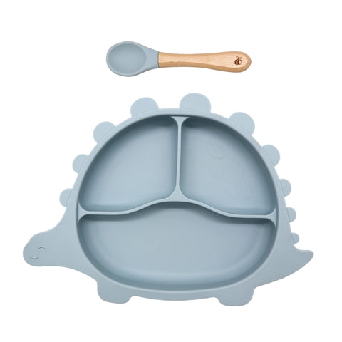 Wriggle & Giggle | Dinosaur Plate and Spoon | Baby Weaning Set | Toddler Feeding Set | Made of Silicone & Wood(Beige)