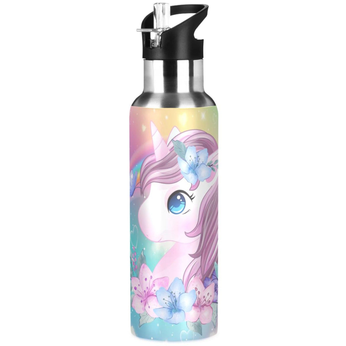 Insulated Girls Water Bottles, Unicorn Rainbow Pink Vacuum Stainless Steel Mug with Straw Lid & Handle 20 oz