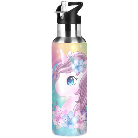 Insulated Girls Water Bottles, Unicorn Rainbow Pink Vacuum Stainless Steel Mug with Straw Lid & Handle 20 oz
