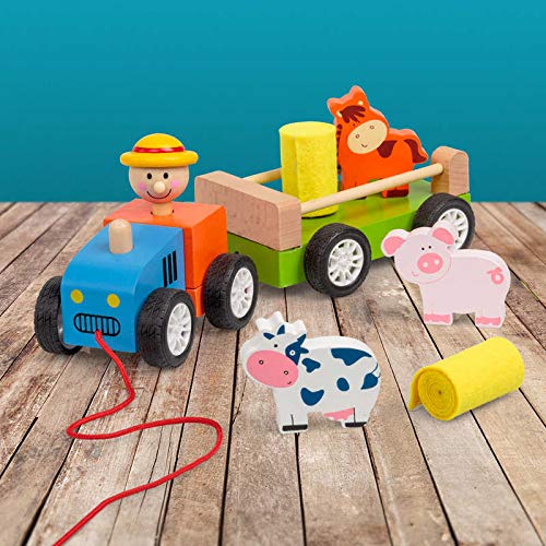 Tobar Wooden Pull Along Tractor and Trailer Toy Playset