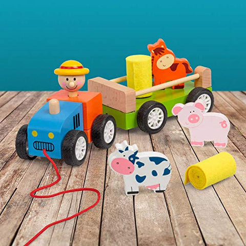 Tobar Wooden Pull Along Tractor and Trailer Toy Playset