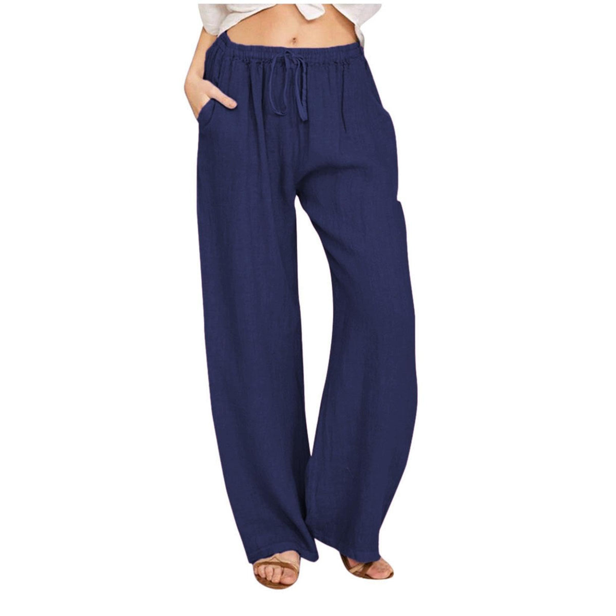 Women's Cotton Linen Trousers Summer Solid Color Casual Loose Wide Leg Drawstring Pants with Pockets Navy S