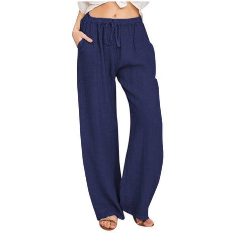 Women's Cotton Linen Trousers Summer Solid Color Casual Loose Wide Leg Drawstring Pants with Pockets Navy S