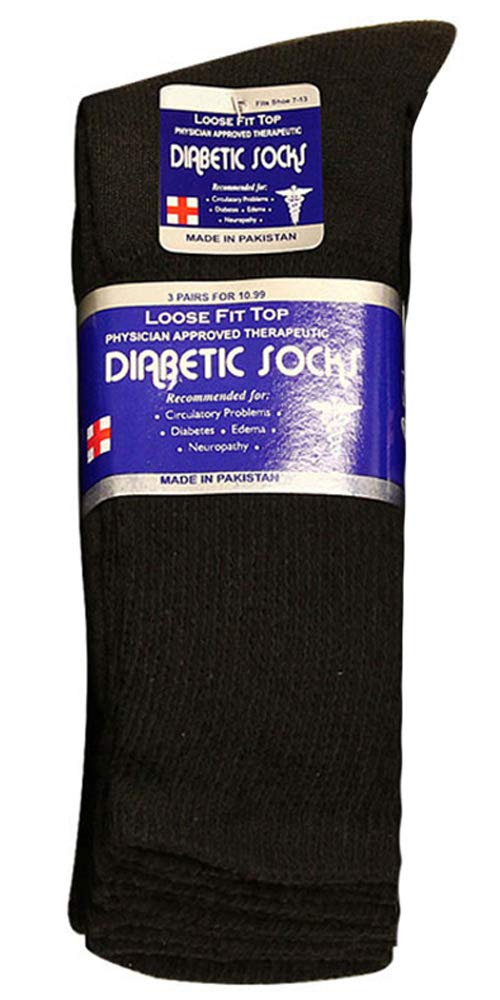 Physicians Approved Diabetic Socks Crew Unisex 3, 6 or 12-Pack (10-13, 3 Pairs Black)