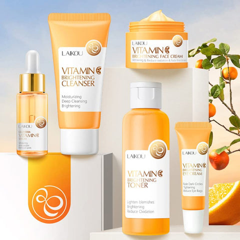 1 Pack Vitamin C Skin Care Set, Containing Moisturizing Deep Cleansing Facial Cleanser+ Toner+ Serum+Vitamin C Eye Cream + Vitamin C Essence Facial Cream, Get Clear Firm Complexion.