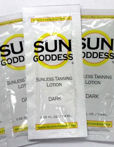 Sun Goddess - Sunless Self Tanning Lotion - DARK - Includes (3) .25 oz. Sunless Self Tanning Lotion Samples + 1 Sunless Self Tanning Mitt/Glove + 1 Pair Sunless Self Tanner Application Gloves