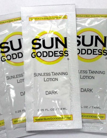Sun Goddess - Sunless Self Tanning Lotion - DARK - Includes (3) .25 oz. Sunless Self Tanning Lotion Samples + 1 Sunless Self Tanning Mitt/Glove + 1 Pair Sunless Self Tanner Application Gloves