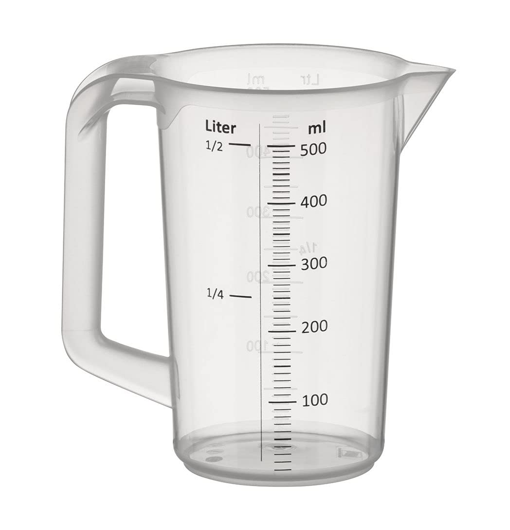 APS Measuring Cup 0.5 Litre, Ã˜ 9.5 x H: 14 cm, Plastic Cup with Embossed Scale on The Outside, Closed Handle, ml-Scale, Dishwasher Safe