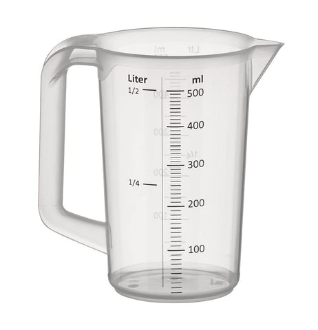 APS Measuring Cup 0.5 Litre, Ã˜ 9.5 x H: 14 cm, Plastic Cup with Embossed Scale on The Outside, Closed Handle, ml-Scale, Dishwasher Safe