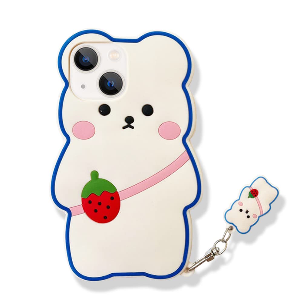 Yatchen Kawaii Phone Cases Apply to iPhone 11 Pro,Cute Cartoon Bear Phone Case with Keychain Strawberry Bear Phone Case 3D iPhone 11 Pro Case Soft Silicone Shockproof Cover for Women Girls