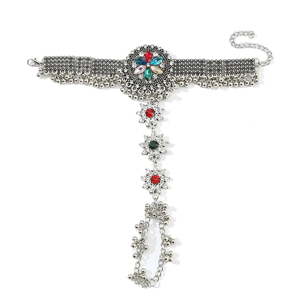 Boho Indian Bollywood Finger Ring Bracelet Crystal Cubic Zirconia Beaded Ball Faux Pearl Link Chain Adjustable Bracelets Rings Vintage Oxidized Personalized Jewelry Gifts for Women Girls Xmas